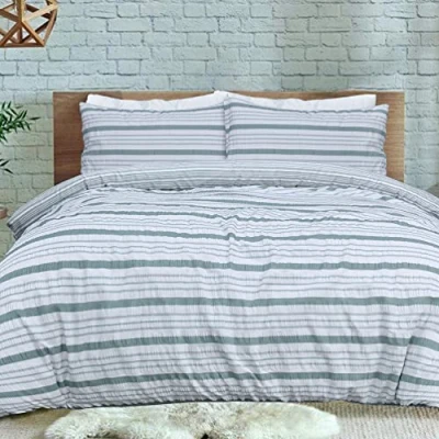 Image of Sleepdown Stripe Seersucker Green White Reversible Duvet Cover Quilt Pillow Cases Bedding Set Soft Easy Care Super King (220cm x 260cm), (5056242893462)