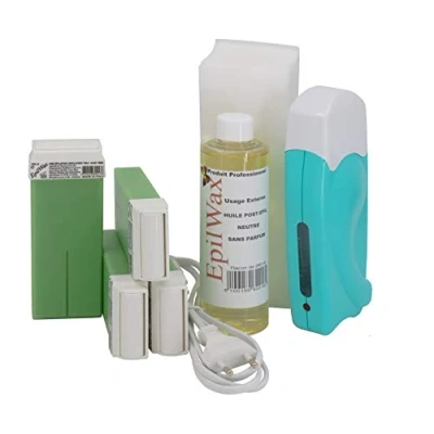 Image of EpilWax Complete Hair Removal Waxing Kit with 4 Aloe Vera Wax Roll On Cartridges, Heater, 100 Strips and Oil