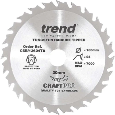 Image of Trend Wood Cordless Circular Saw Blade, 136mm Diameter, 20mm Bore, 24 Teeth, TCT, 1.5mm Kerf, +15 Hook, CSB/13624TA