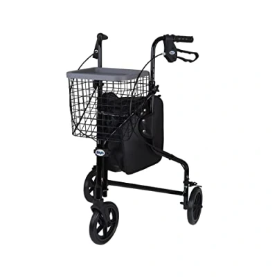 Image of DAYS Lightweight Aluminum Folding 3 Wheel Tri Walker with Lockable Brakes, Adjustable Height, Limited Mobility Aid, Graphite Bag, Basket and Tray