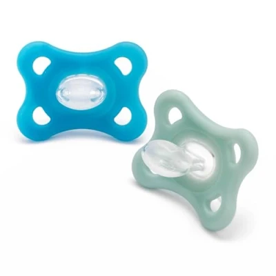 Image of MAM Comfort All Silicone Soothers 3 12 Months Size 2 (Pack of 2), Lightweight Baby Soother, Newborn Essentials with Self Sterilising Case, Grey/Blue (Designs May Vary)