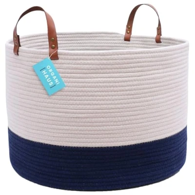 Image of OrganiHaus Woven Basket for Storage, Toy Basket, Round Storage Blanket Living Room, Large Cotton Rope Towel &amp; Shoe Laundry Blue 50X33cm