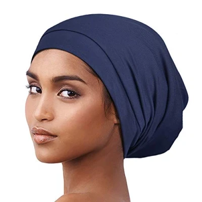 Image of Alnorm Cozy Satin Lined Hat Slumber Cap Slouchy Skull Cotton Bonnet Navy