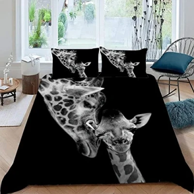 Image of Giraffe Bedding Sets Double Size Soft Microfiber Personalised Animal 3D Bed 3 Pieces Small Duvet Cover with Zipper Quilt Anti Allergic