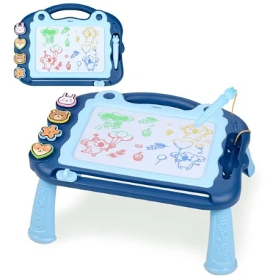 Image of Sarsumir Magnetic Drawing Board, 30x23cm 4 Colors Doodle Scribble Board Erasable Sketch Writing Pad with Stamps &amp; Removable Legs Educational Toy for 2 3 5 6 Year Old Boys Girls Kids Toddlers, Blue
