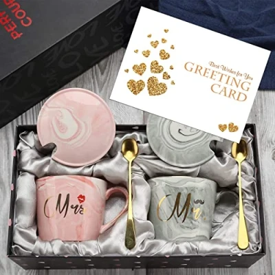 Image of EXREIZST Mr and Mrs Coffee Mugs Wedding Gifts for Bride Groom， Bridal Shower Engagement aAnniversary Gift Married Couples 12oz Ceramic Marble Cups (Oval)
