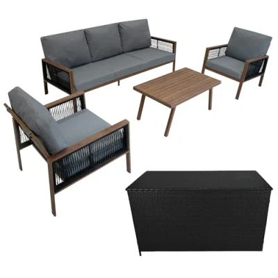 Image of MonsterShop Aluminium 4 Piece Sofa Set with Black Rattan Storage Box Wood Effect