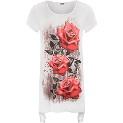 Image of WearAll Ladies Plus Size Glitter Rose Print Hanky Hem Womens Short Sleeve Long Top White 26/28