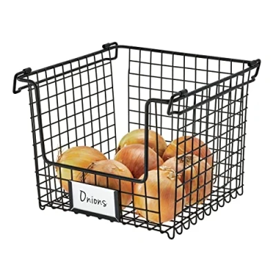 Image of iDesign Large Wire Basket, Metal Stackable Storage Basket for Bathroom, Kitchen and Office, Organiser with Handles, Black, 90987