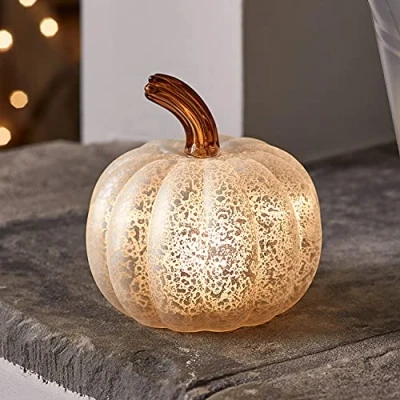 Image of Lights4fun White Mercury Glass Pumpkin Battery Operated LED Autumn Halloween Light Up Decoration 12cm