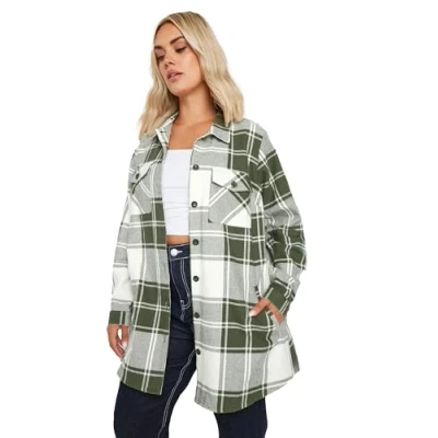 Image of Yours Curve Green Check Shacket Women&#039;s Plus Size