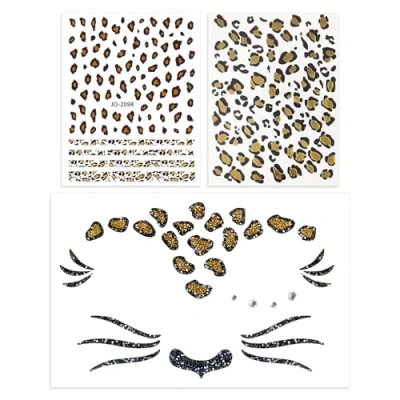 Image of Pack of 3 Leopard Print Foil Stamping Tattoo Stickers, Face Nail Art Makeup Stickers for Party, Carnival and Halloween