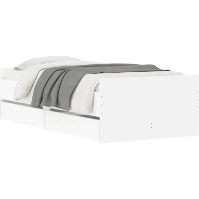 Image of vidaXL White Engineered Wood Single Bed Frame with Drawers 90x190 cm Bedroom Bedstead Plywood Slats &amp; Storage