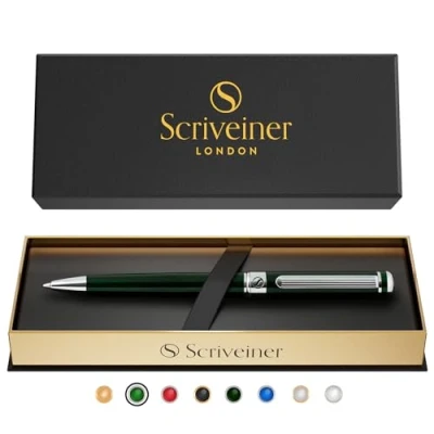 Image of Scriveiner Ballpoint Pen London Stunning with 24K Gold Finish, Schmidt Black Refill, Best Ball Gift Set for Men &amp; Women ( British Racing Green Chrome)