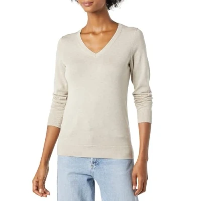 Image of Amazon Essentials Women&#039;s Classic Fit Lightweight Long Sleeve V Neck Jumper (Available in Plus Size), Oatmeal Heather, S