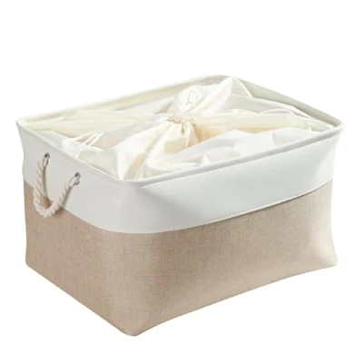 Image of Mangata Extra Large Storage Boxes, Fabric Baskets with Rope Handles for Cupboards, Shelves, Wardrobe, Toys, Clothes (Foldable, Light Khaki White)