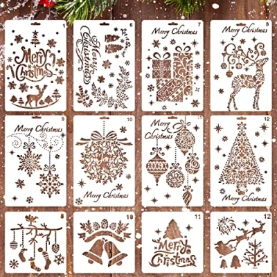 Image of Whaline 12 Pack Christmas Stencils Bullet Journal Templates Reusable Plastic for Craft Art Drawing Painting Spraying Window Glass and Card DIY Projects (2 Sizes)