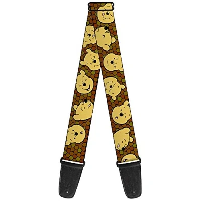 Image of Buckle Down GS WDY273 Guitar Strap Winnie the Pooh Expressions Honeycomb Black Browns 2 Inches Wide, 34 60&quot;
