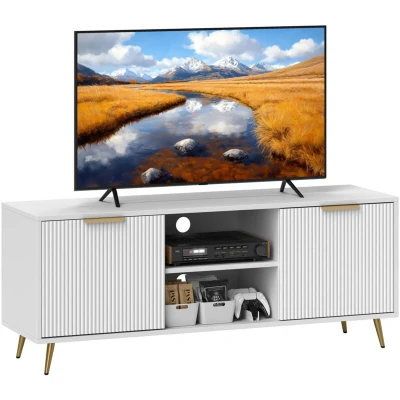 Image of HOMCOM Modern TV Stand Cabinet for TVs up to 55&quot;, Unit with 2 Open Shelves and Cabinets, Entertainment Centre Cable Management Living Room, White