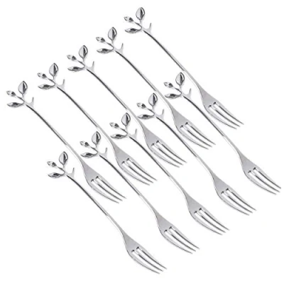 Image of 10 Pcs Stainless Steel Fruit Forks Leaf Handle Cake Fork for Dessert Salad Appetizer Cocktail