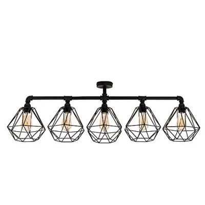 Image of MiniSun Industrial Steampunk Style 5 Way Satin Black Pipework Bar Ceiling Light with Basket Cage Shades Complete 4w LED Filament Bulbs [2700K Warm White]