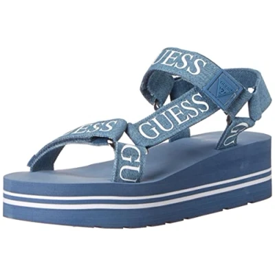 Image of GUESS Women&#039;s Avin Wedge Sandal, Blue+White Denim, 3 UK