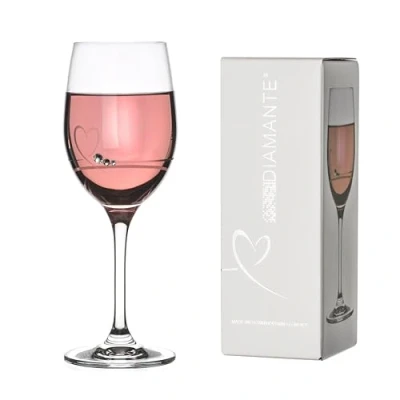 Image of DIAMANTE Petit Heart Wine Glass Single Etched Design Embellished with Swarovski Crystals in Gift Box