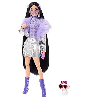 Image of Barbie Extra Doll #15 in Metallic Jacket and Matching Skirt, with Pet Puppy, Long Hair &amp; Accessories, Multiple Flexible Joints, 3 Year Olds Up