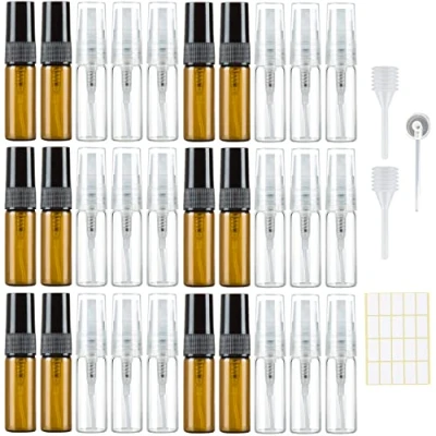 Image of Pack of 30 3 ml Perfume Atomiser Empty Spray Bottle Glass Small for Filling, Mini Pump Bags Refillable Samples Travel Transparent Amber with Pipettes Press Head