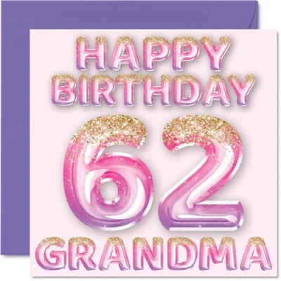 Image of 62nd Birthday Card for Grandma Pink &amp; Purple Glitter Balloons Happy Cards 62 Year Old from Grandson Granddaughter, 145mm x Bday Greeting Gift