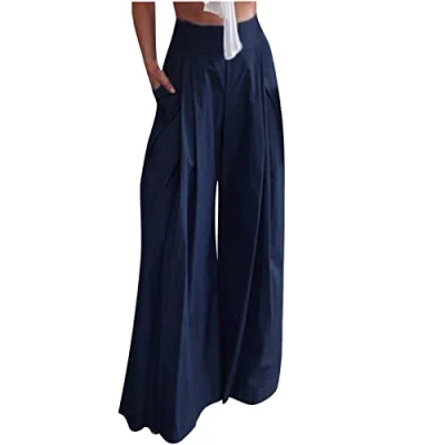 Image of GULASISI Palazzo Pants for Women Business Casual Pleated Suit High Waist Baggy Wide Leg Flowy Trouser Work Office Slacks Dark Blue