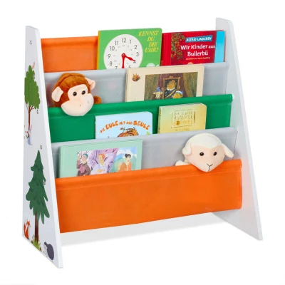 Image of Children&#039;s Bookshelf, hwd: 60 x 62.5 28 cm, 4 Fabric Shelves, Forest Animals Design, Books Storage Colourful Relaxdays