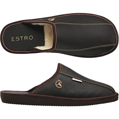 Image of ESTRO Mens Slippers Men House Shoes Leather Home Mule Men&#039;s Slipper Memory Sole Frost (9 UK, Cocoa Wool)