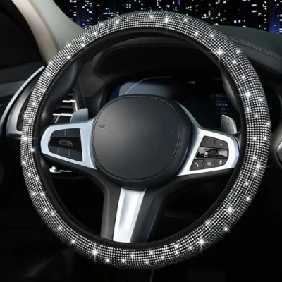 Image of Steering Wheel Covers with Sparkly Crystal Diamond, 38 cm/15 inch Universal Fit Cover Bling Rhinestones, Anti skid Car Protector Accessories for Women Men Girls Boys
