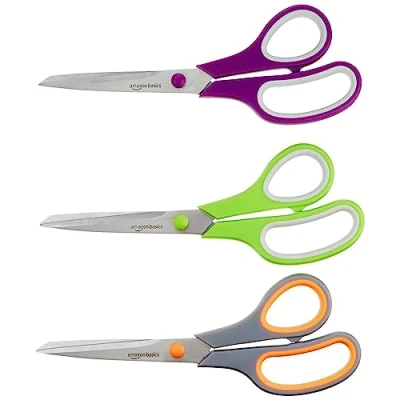 Image of Amazon Basics Multipurpose Stainless Steel Office Scissors, Comfort Grip, PVD Coated, Pack of 3, Multicolour