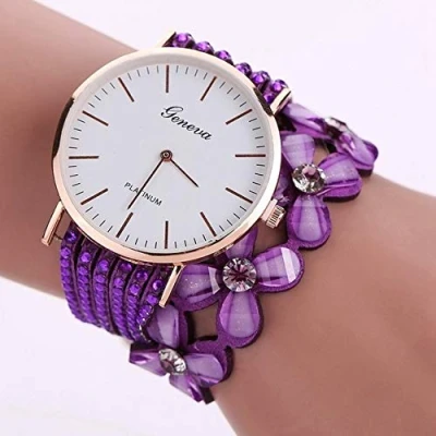 Image of YLSB AYSMG Women Round Dial Flower Diamond Studs Bracelet Watch(Black) (Color : Purple)