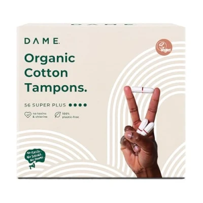 Image of DAME Organic Cotton Super Plus Tampons (56) High Absorbency for Heavy Flows Non Applicator 100% Cotton, Free from Toxins, Plastic Free, Hypoallergenic &amp; Biodegradable
