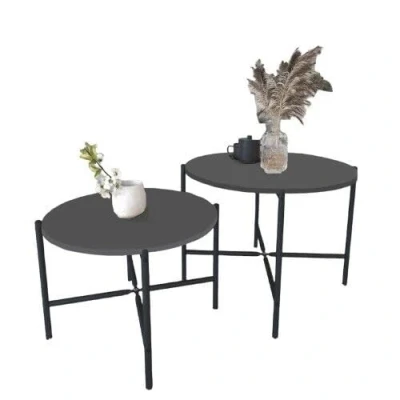 Image of URBNLIVING 2 Piece Round Wooden Nesting End Table Set with Metal Legs Ideal for Coffee and Side Tables, Modern Living Room Furniture, Space Saving Design (Anthracite)