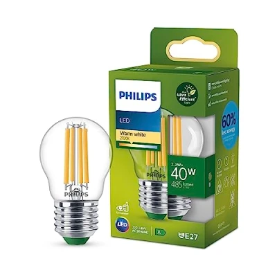 Image of PHILIPS Ultra Efficient Energy Saving Lights, LED Light Source, 40W, P45, E27, Warm White 2700 Kelvin, Clear