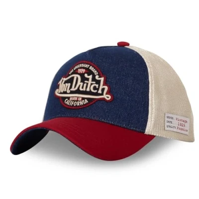 Image of Von Dutch Men&#039;s &amp; Women&#039;s Vintage Trucker Cap, Adjustable Denim Effect, Dark Blue/Beige/Red, One Size