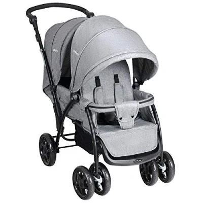 Image of GYMAX Double Seat Stroller with Adjustable Push Handle and Foot Rest, Detachable Canopy, Foldable Baby Pushchair Buggy for Traveling, Going Shopping, Hanging Out (Gray)