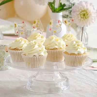 Image of Ginger Ray Resin Pressed Flowers Cake Baby Shower Cupcake Topper Decorations 4 Pieces, Pastel