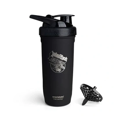 Image of Smartshake Rockband Reforce Stainless Steel Protein Shaker Bottle 700 ml 23.5 oz Leakproof Screw on Lid BPA Free Non Insulated Unisex Judas Priest Logo