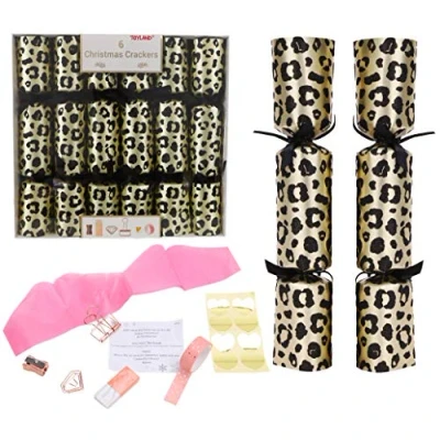 Image of Toyland® Pack Of 6 Glitter Leopard Print Christmas Crackers Animal Luxury Decorations