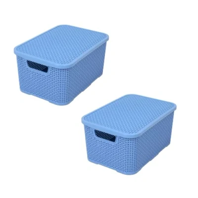 Image of BranQ Home essential Basket with Lid in Rattan Design, Set of 2, Size M, 10 L, BPA Free Plastic PP, Denim Blue, 28.8 x 19.7 16.2 cm, Pack 2