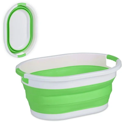 Image of Relaxdays Folding Laundry Basket, 36 litres, Plastic Tub, Clothing, Collapsible Washing Storage, Handles, Green/White, 27.5 x 61 44 cm