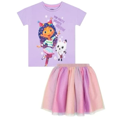 Image of DREAMWORKS GABBY&#039;S DOLLHOUSE Girls Tshirt And Tulle Skirt Party Outfit Summer Clothes For Purple 6 7 Years
