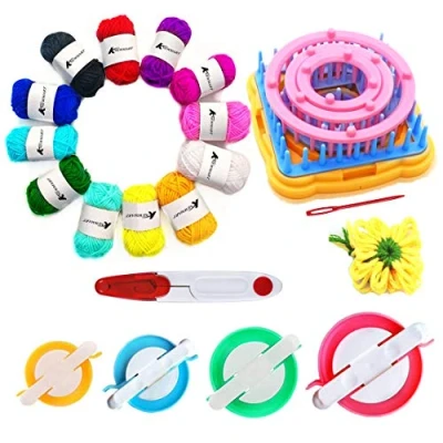 Image of Flower Loom,8pcs Maker Wool Knitting Ball Weaving Tools Craft Weaver Loom with Needle (Flower + Pom Yarn Scissors)