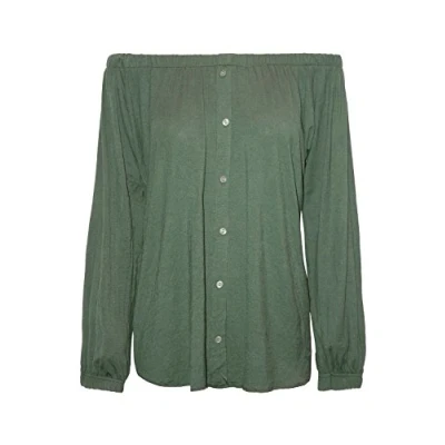 Image of Oops Womens Long Sleeve Off The Shoulder Elastic Front Buttons Down Bardot Top Khaki