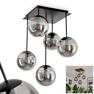 Image of Ceiling lamp Salamonde, Modern Metal/Glass in Black/Smoke Color, with Glass lampshades, 5 x E14, Without Bulbs
